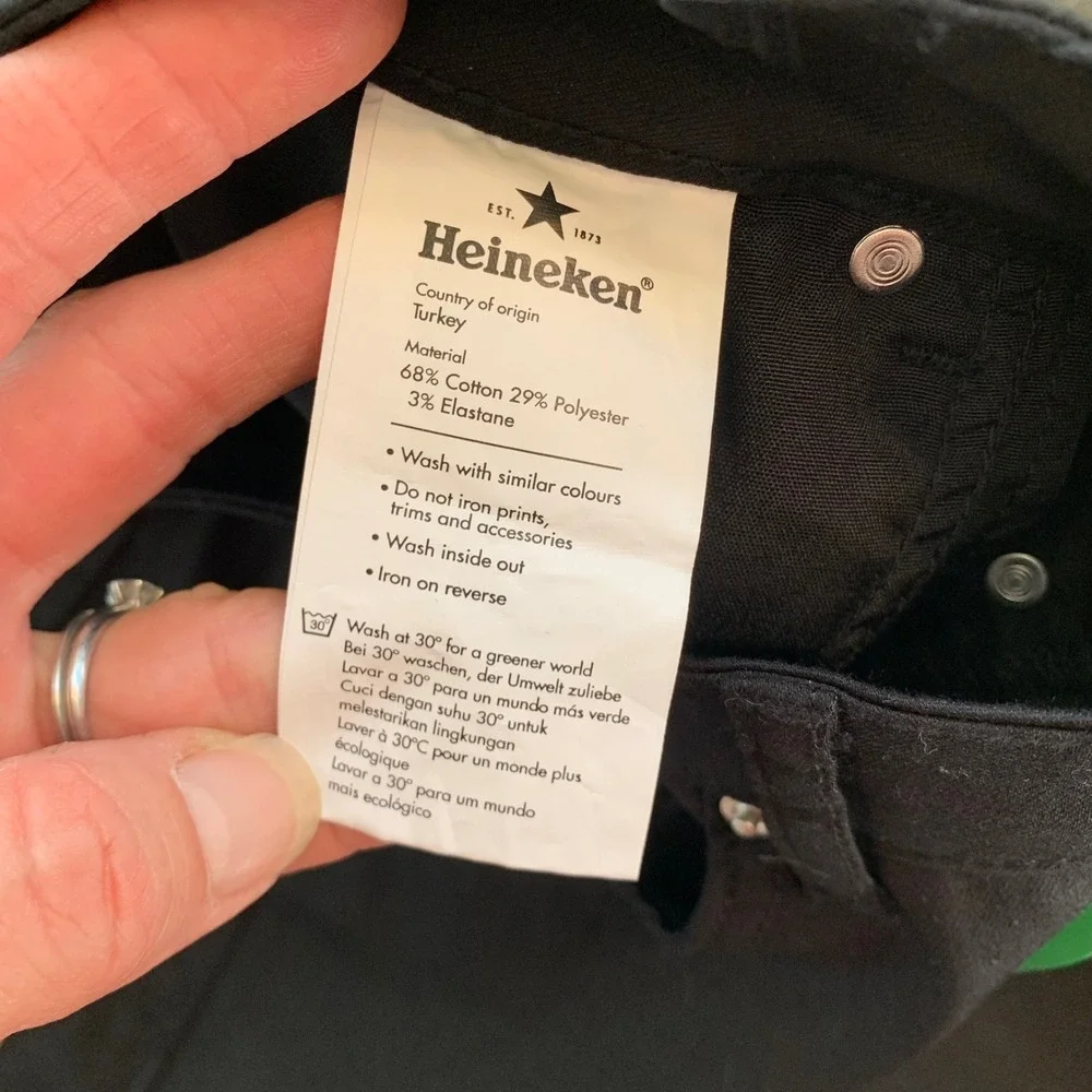 Heineken Brand Fashion Black Skinny Jeans Green Logo Star Mens Size M NWT